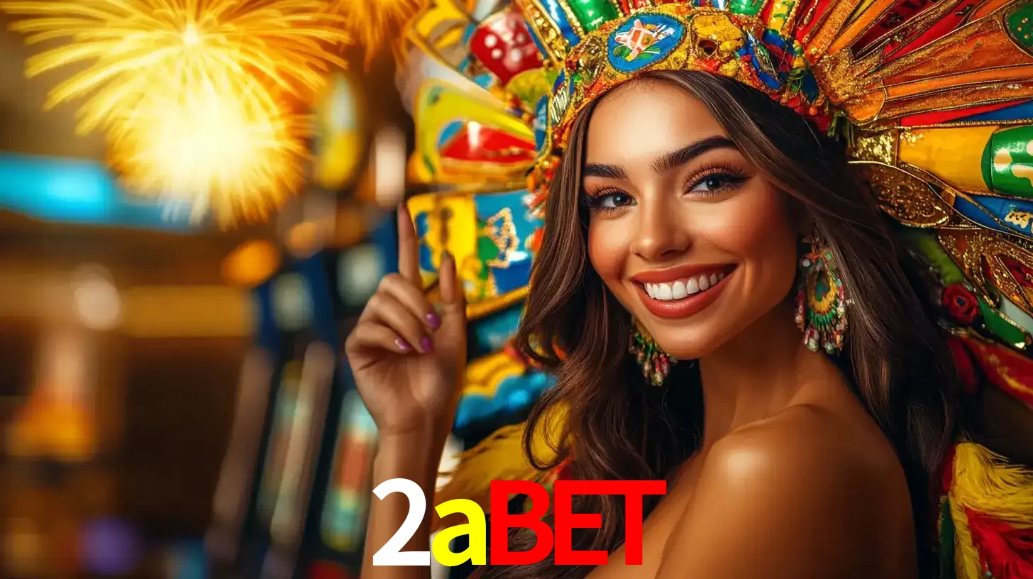 Mulher sorridente com um cocar de carnaval vibrante e colorido, celebrando uma grande vitória nos jogos do cassino 2abet com fogos de artifício ao fundo.