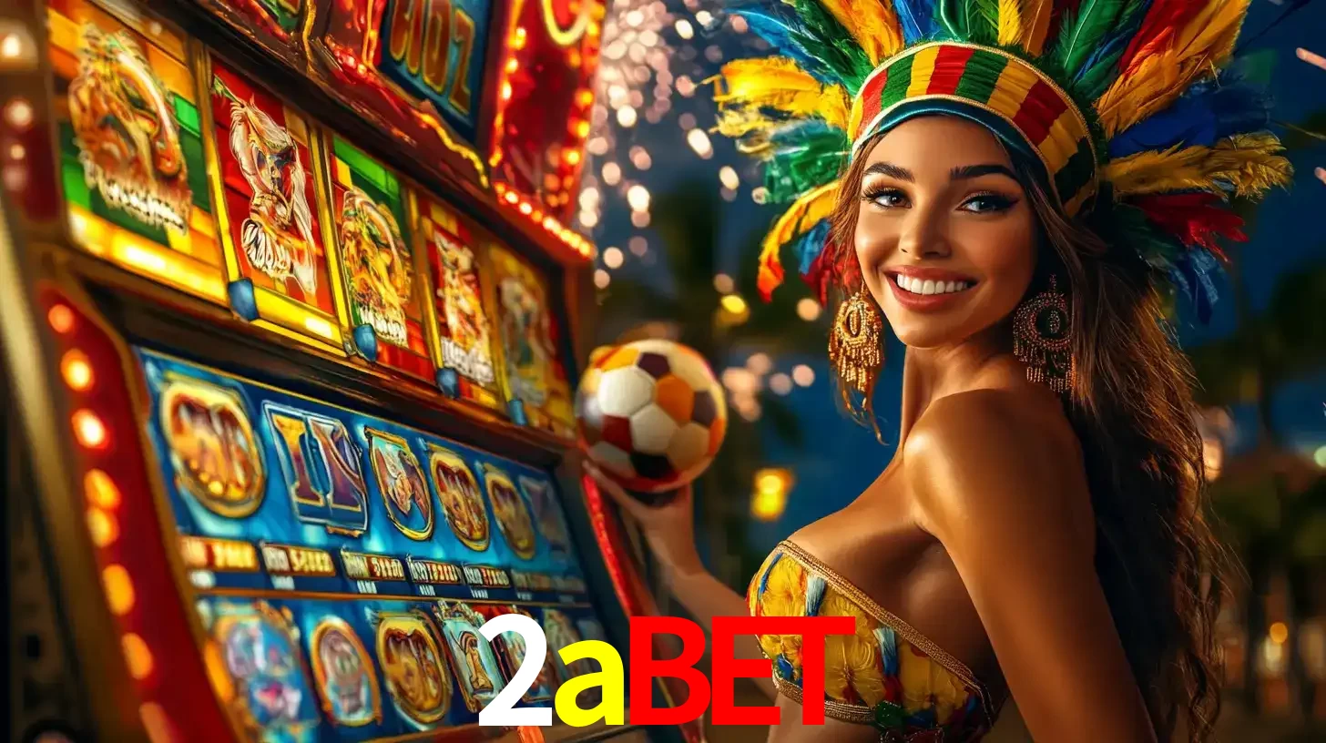 Mulher com um cocar de carnaval ao lado de uma máquina de caça-níqueis enquanto segura uma bola de futebol, mostrando a união da diversão de cassino e esportes no 2abet.