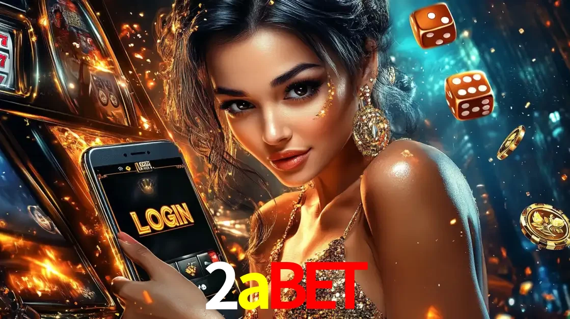 Mulher glamourosa segurando um celular com a tela de login do cassino 2abet, rodeada por dados e moedas douradas, pronta para começar a diversão.