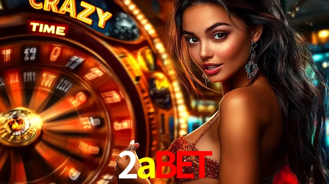 Mulher ao lado da roda de prêmios do jogo de cassino ao vivo Crazy Time, um dos shows de jogos mais emocionantes oferecidos pela plataforma de apostas 2abet.