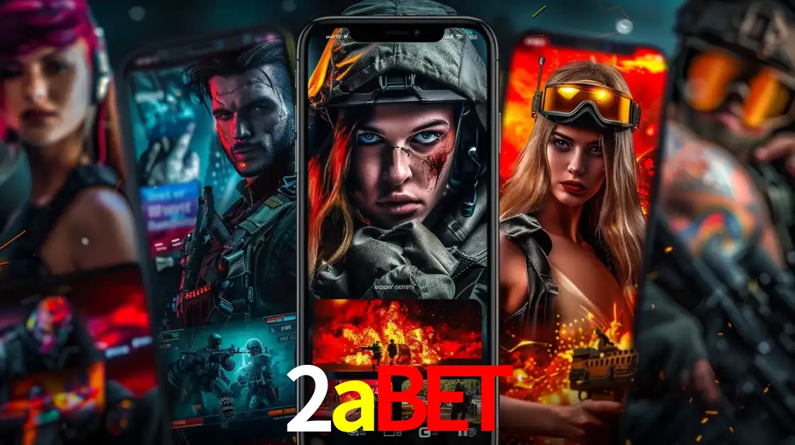 Montagem de telas de celular mostrando diversos personagens, masculinos e femininos, de um jogo de tiro, ilustrando a diversidade de equipes de e-sports para apostar no 2abet.