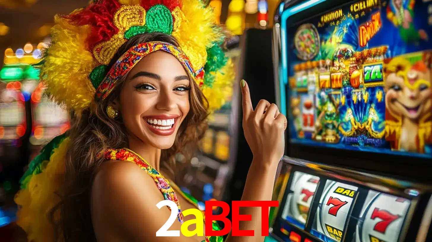 Mulher animada com um cocar de carnaval apontando para uma máquina de caça-níqueis, mostrando a emoção de ganhar um grande prêmio nos jogos do 2abet.