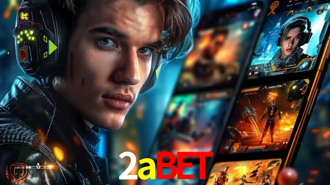 Jovem jogador com fones de ouvido olhando para a câmera, com um aplicativo de jogos e e-sports para celular ao fundo, pronto para a competição e apostas no 2abet.