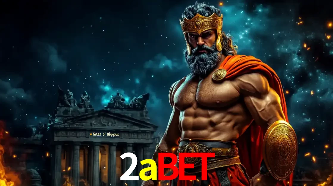 O poderoso Zeus do jogo de slot Gates of Olympus em frente ao seu templo, pronto para lançar multiplicadores divinos e prêmios épicos no cassino online 2abet.