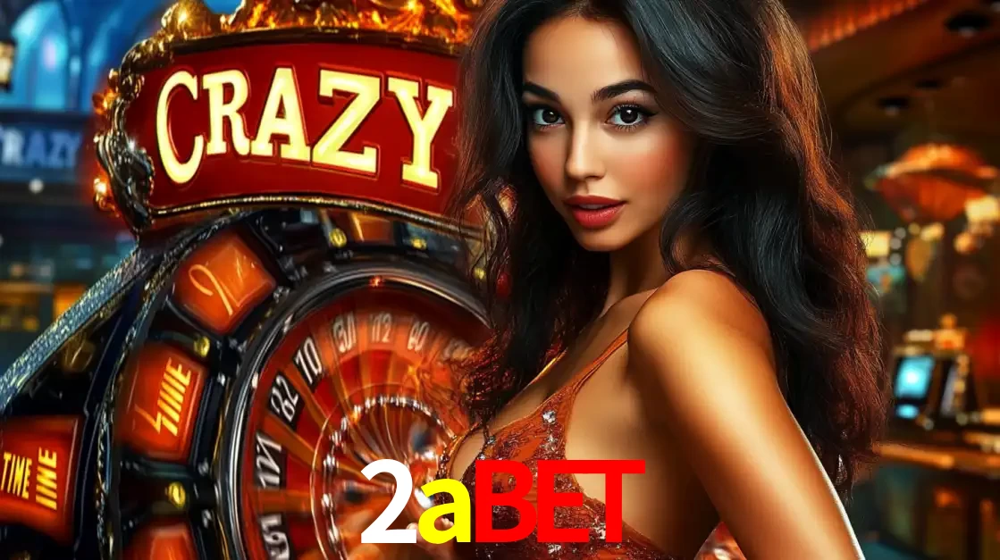Mulher glamourosa olhando para a câmera com a roda vermelha do Crazy Time ao fundo em um ambiente de cassino, destacando a emoção dos jogos ao vivo no 2abet.