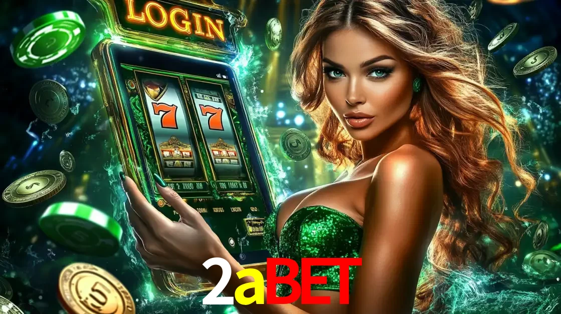 Mulher com tema verde apresentando o aplicativo do cassino 2abet com um jogo de slot de 777, cercada por fichas de cassino e uma aura de sorte.