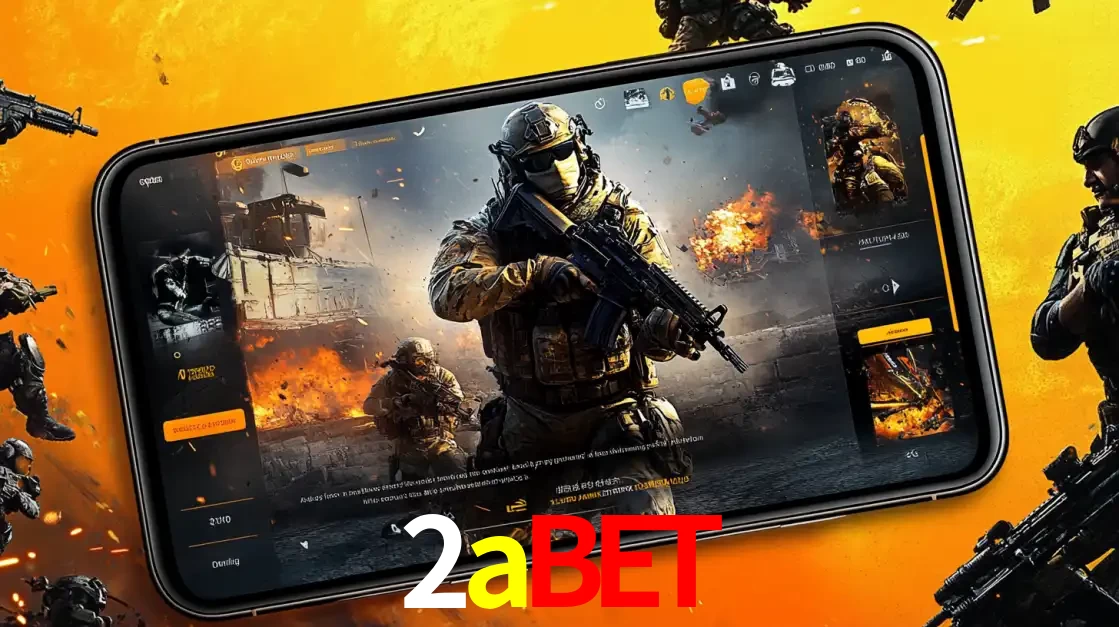 Um smartphone exibindo a interface de um jogo de tiro em primeira pessoa, com um soldado em um cenário de batalha, representando a ação dos e-sports para apostar no 2abet.