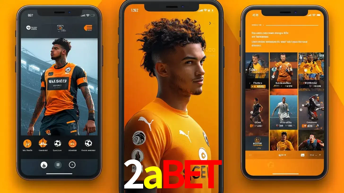 Interface do aplicativo de apostas esportivas 2abet em três telas de celular, mostrando o perfil de um jogador de futebol e a lista de jogos disponíveis para apostar.