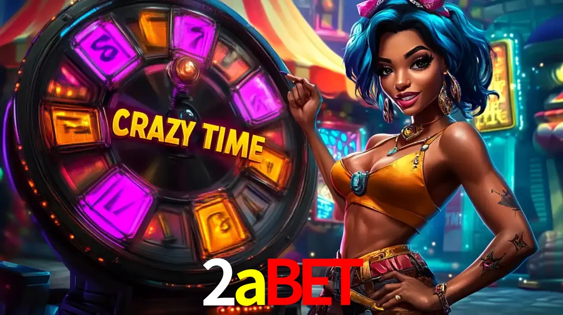 Mulher estilizada com cabelo azul e visual vibrante posando ao lado da roda de prêmios do game show Crazy Time, convidando para a diversão e os bônus do cassino 2abet.