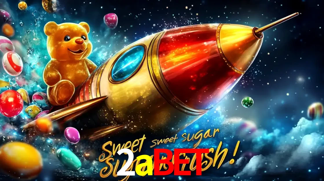 Arte promocional do jogo de slot Sugar Rush, com um urso de pelúcia em um foguete viajando pelo espaço de doces, um dos jogos divertidos disponíveis no cassino 2abet.