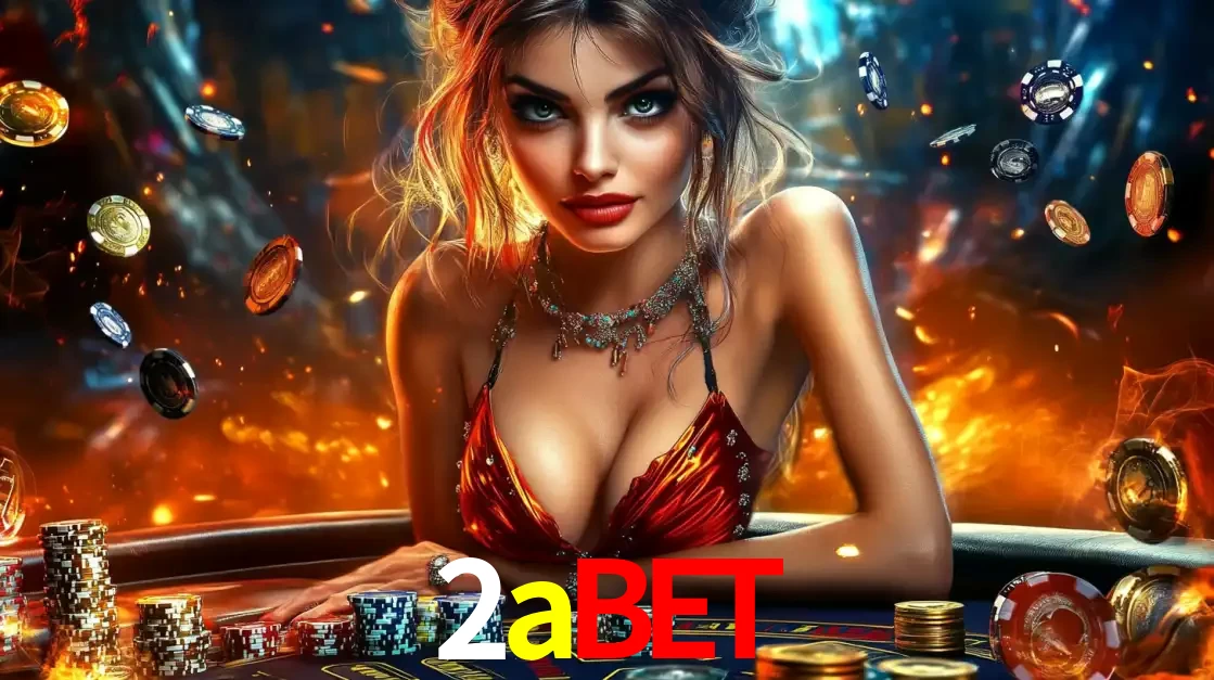 Mulher em uma mesa de cassino com pilhas de fichas e um fundo de fogo, pronta para uma rodada de altas apostas nos jogos de mesa emocionantes do cassino 2abet.