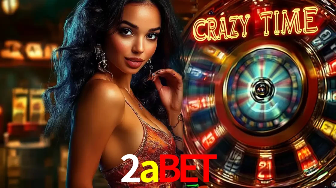 Mulher elegante ao lado da vibrante roda da fortuna do jogo de cassino ao vivo Crazy Time, um dos game shows mais populares e cheios de prêmios do 2abet.