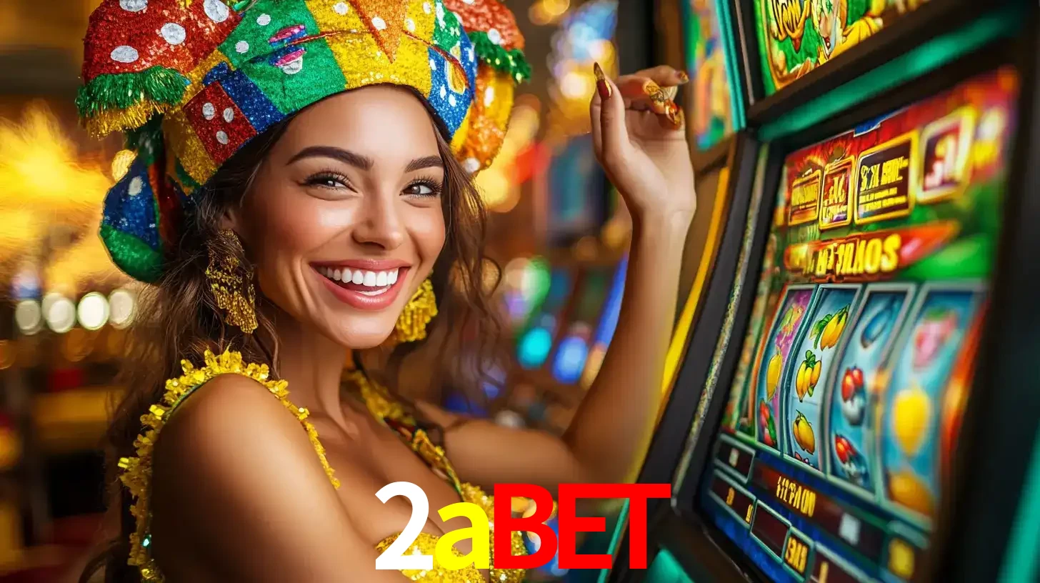 Mulher feliz com traje de carnaval amarelo e colorido ao lado de uma máquina de caça-níqueis, aproveitando a diversão e os jogos temáticos do cassino 2abet.