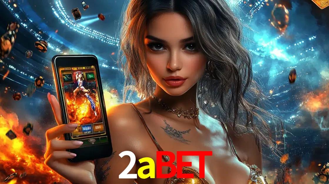 Mulher segurando um celular com um jogo de slot em destaque, tendo como fundo um estádio vibrante, simbolizando a emoção de jogar no cassino móvel 2abet.