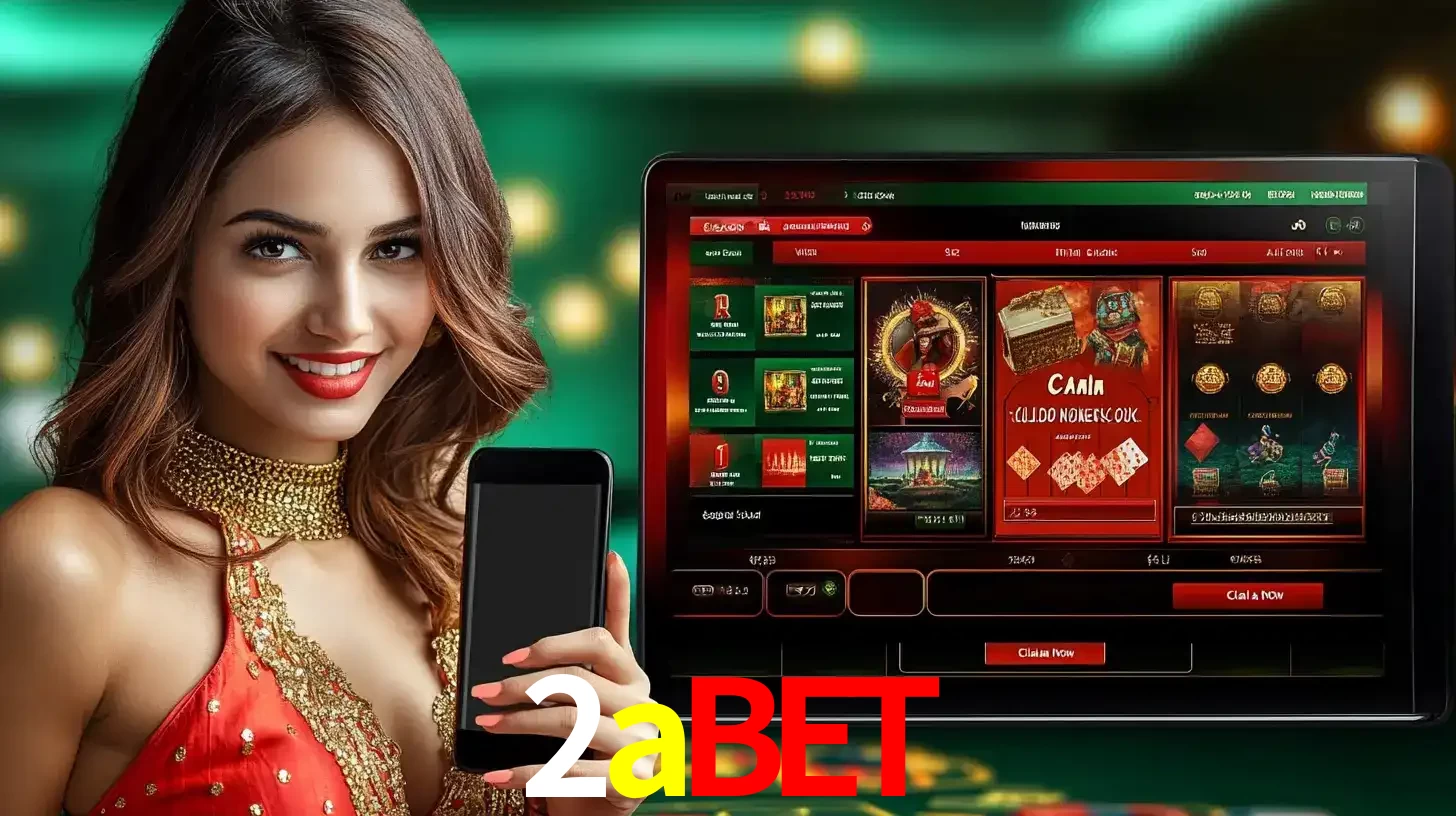 Mulher sorridente segurando um smartphone, ao lado de uma tela exibindo o lobby de jogos do cassino online 2abet, com várias opções de jogos de cartas e slots.